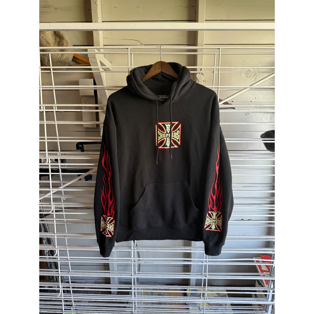 West Coast Choppers Mens Black Flame Iron Cross Logo Hoodie Sweatshirt Large